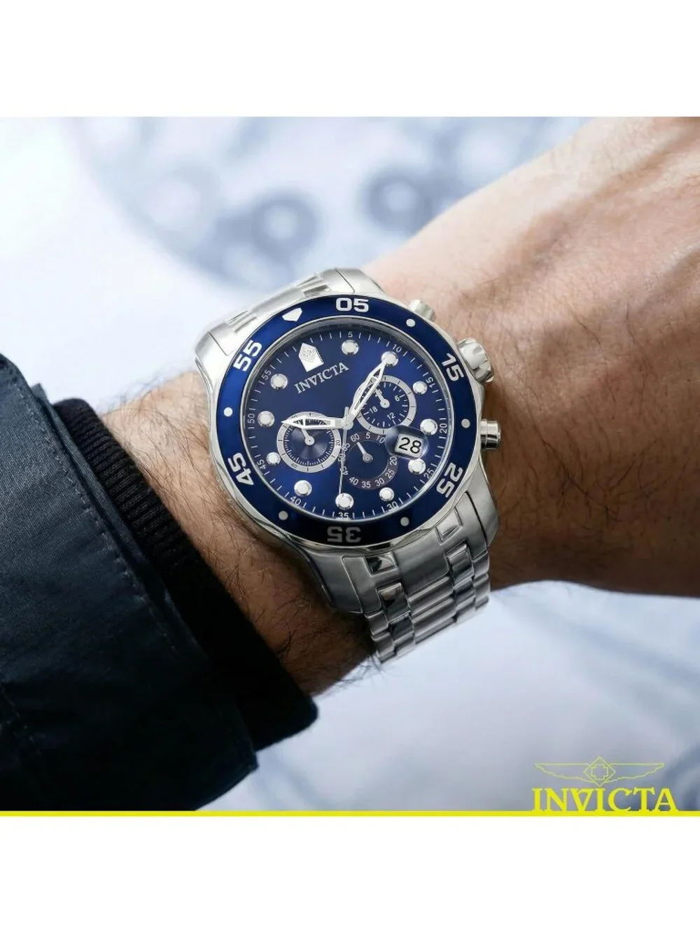 Men's Silver & Blue Pro Diver Collection Chronograph Stainless Steel Case Watch